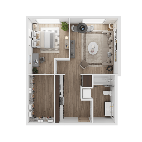 a stylized floor plan with a bedroom and a living room